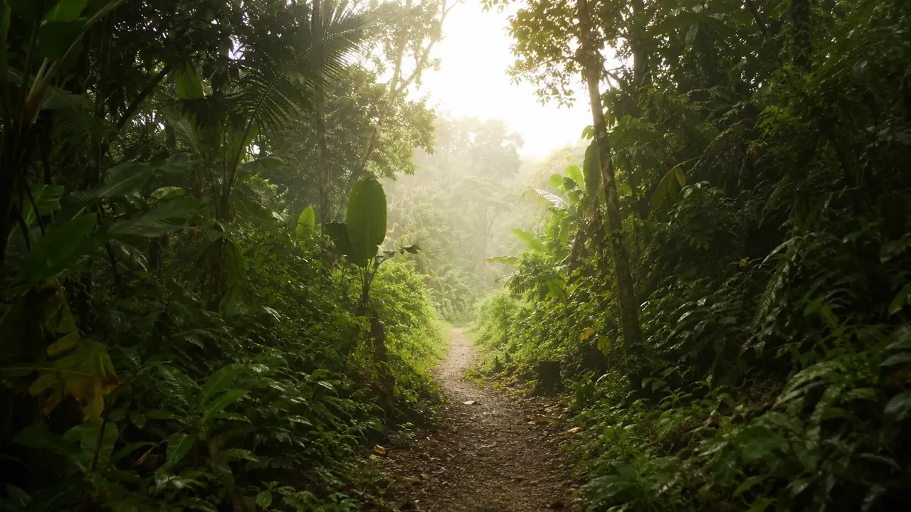 Sunlit path through the Costa Rican rainforest